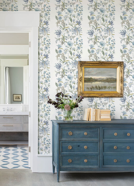 Teonna Blue Floral Stripe Wallpaper
