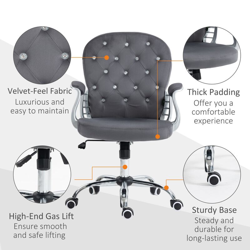 Velvet Home Office Chair, Button Tufted Desk Chair with Padded Armrests, Adjustable Height and Swivel Wheels, Dark Gray