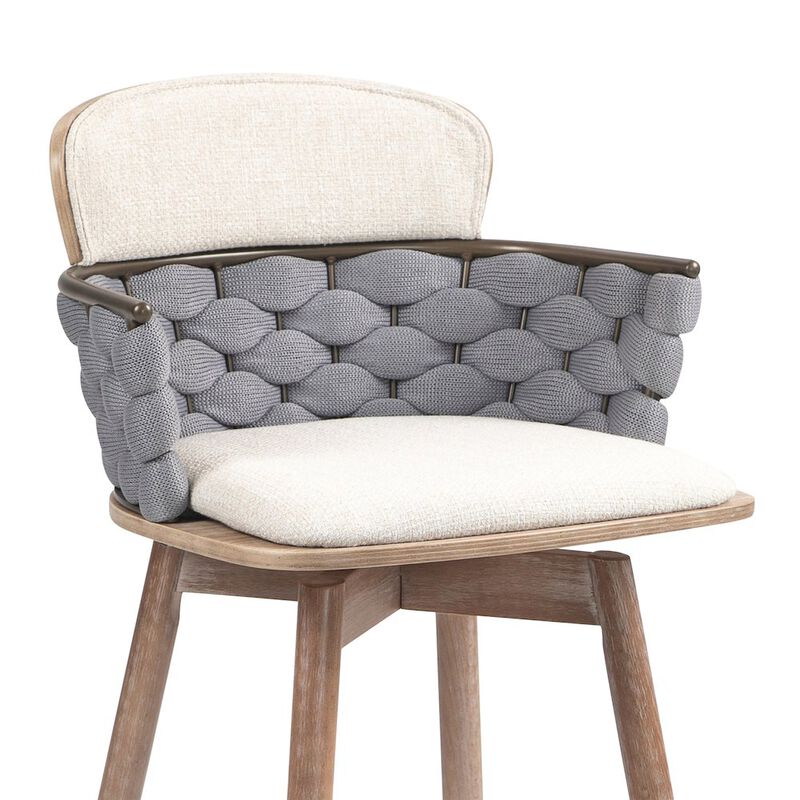 Glamour Home Bechor Beige and Gray Linen Fabric Bar Stool with Natural Wood Legs