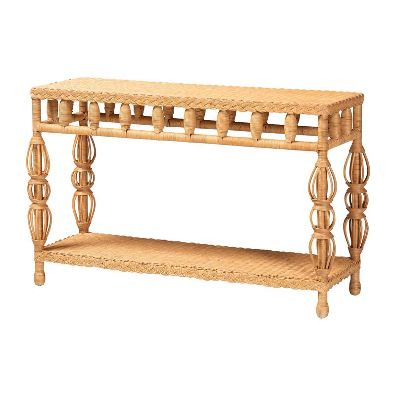 bali & pari Dolby Natural Rattan Console Table - Handwoven Wicker Accent Table with Openwork Design and Lower Shelf, Coastal Boho Style for Entryway or Living Room
