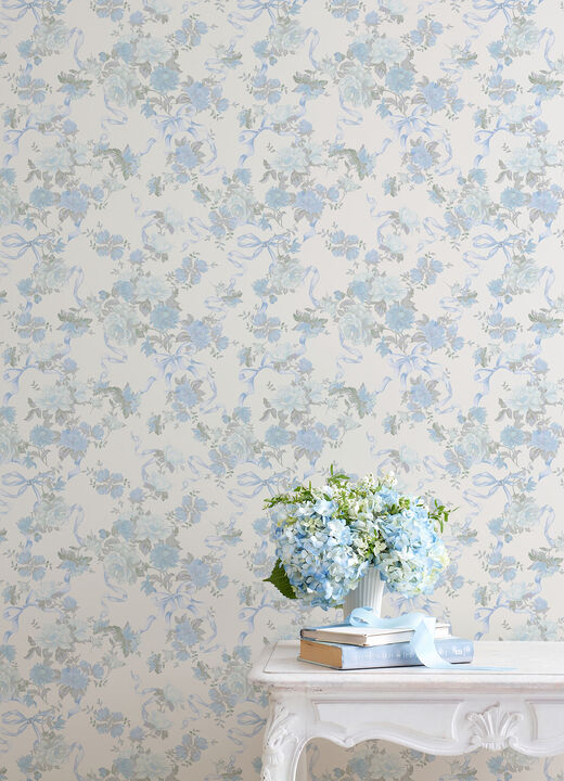 Cabbage Rose Bow Dusty River Blue Ribbons & Roses Wallpaper