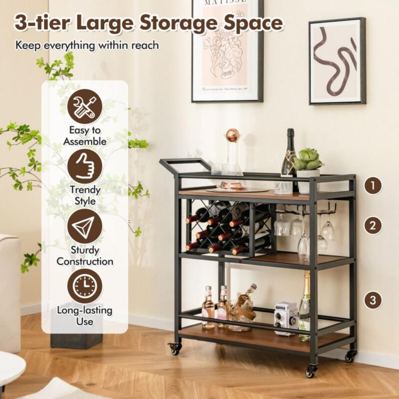 Hivvago 3-tier Bar Cart on Wheels Home Kitchen Serving Cart with Wine Rack and Glasses Holder