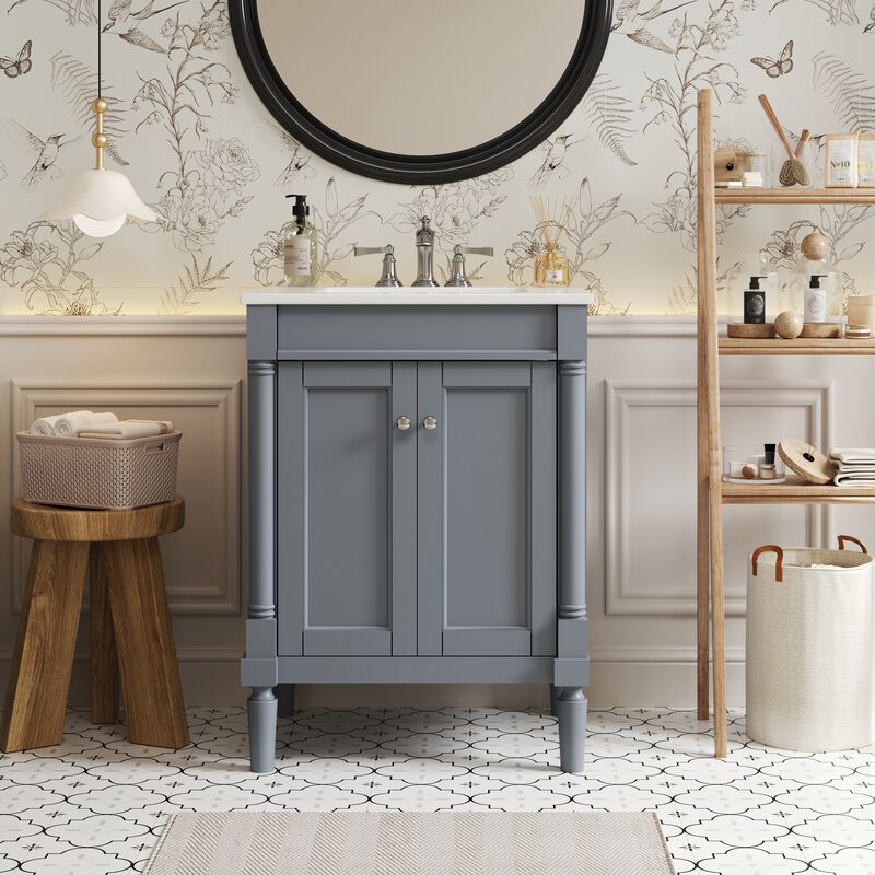 24" Freestanding Bathroom Vanity with Ceramic Sink, 2-Tier Storage Cabinet, 2 Soft-Close Doors image number 1