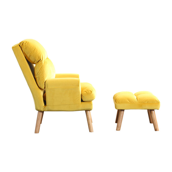 Nina 28 Inch 2 Piece Accent Chair and Ottoman Set, Splayed Legs, Yellow -Benzara