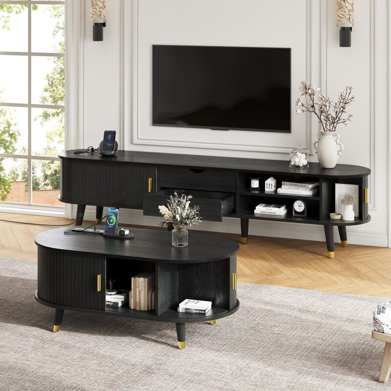 Merax Wooden Farmhouse TV Stand & Coffee Table Set with Charging Station