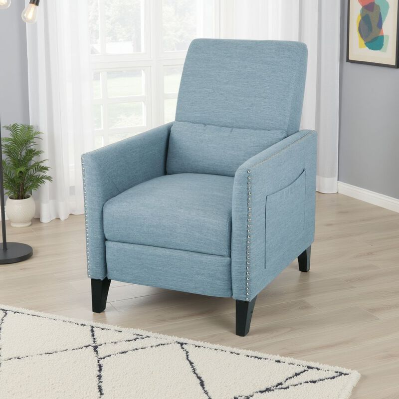 Davy Pushback Recliner Chair, Nailhead Trim, Birch Wood, Blue Fabric - Benzara