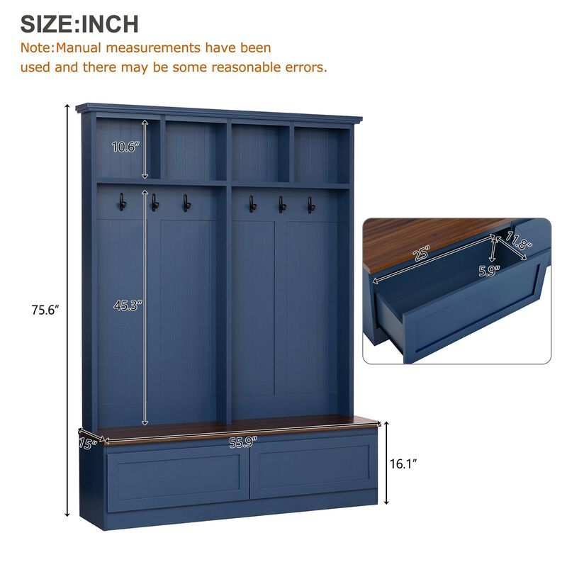 Clihome Farmhouse 4-in-1 Hall Tree with Wood Grain Bench with 2 Large Drawer for Hallway image number 4