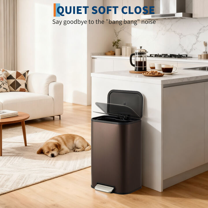 Modern Stainless Steel Trash Can, Soft Close Lid, Step Pedal, Removable Inner Bucket, Rectangular Durable Design