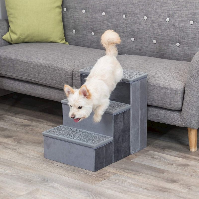 TRIXIE 3-Step Foldable Velour Pet Stairs with Storage, Gray image number 1