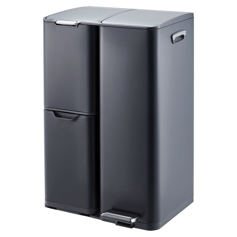 16 Gallon Triple Compartment Stainless Steel Trash Bin, Foot Pedal, Soft Close Lid, Removable Buckets, Large Capacity for Kitchen Office Bathroom image number 0