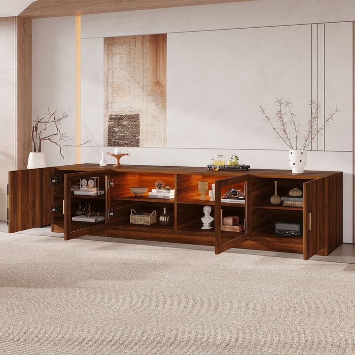 Merax Retro TV Stand with Fluted & Glass Doors, LED Lighting, 2 Adjustable Shelves
