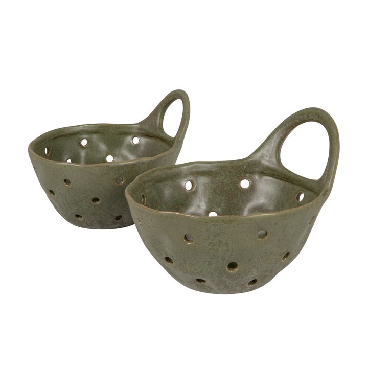 Set of 2 Green Reactive Glaze Stoneware Colanders