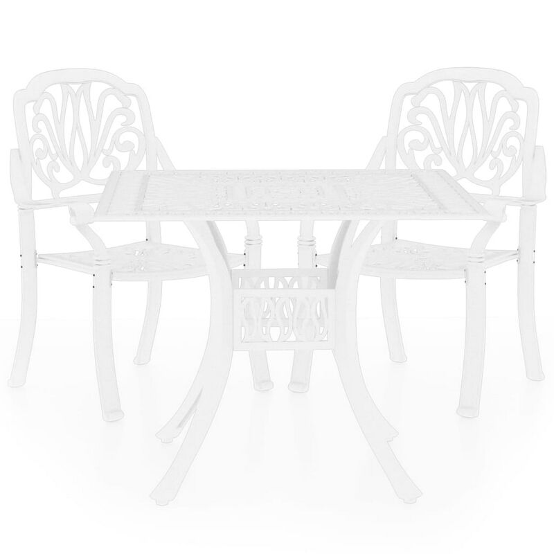 Outdoor 3pc Bistro Table and Chairs Set, Trellis Pattern, White Metal - Benzara