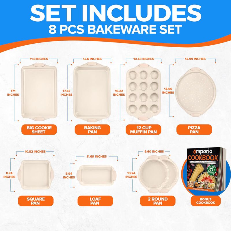 Baking Pan Set - Nonstick Coating, Carbon Steel Bakeware Set with White Silicone Handle, PFOA, PFOS, PTFE Free, Recipe Booklet Included, Oven Safe Tray (Up To 450° F), Set of 8 - White