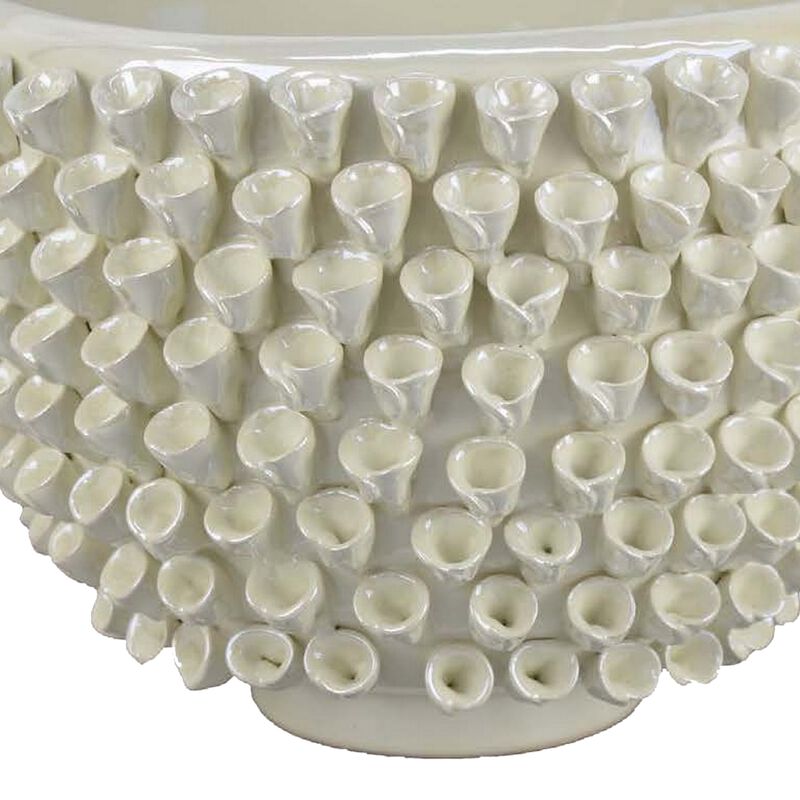 Modern Decorative Bowl, 3D Texture Embellished White Ceramic, 14 Inch - Benzara