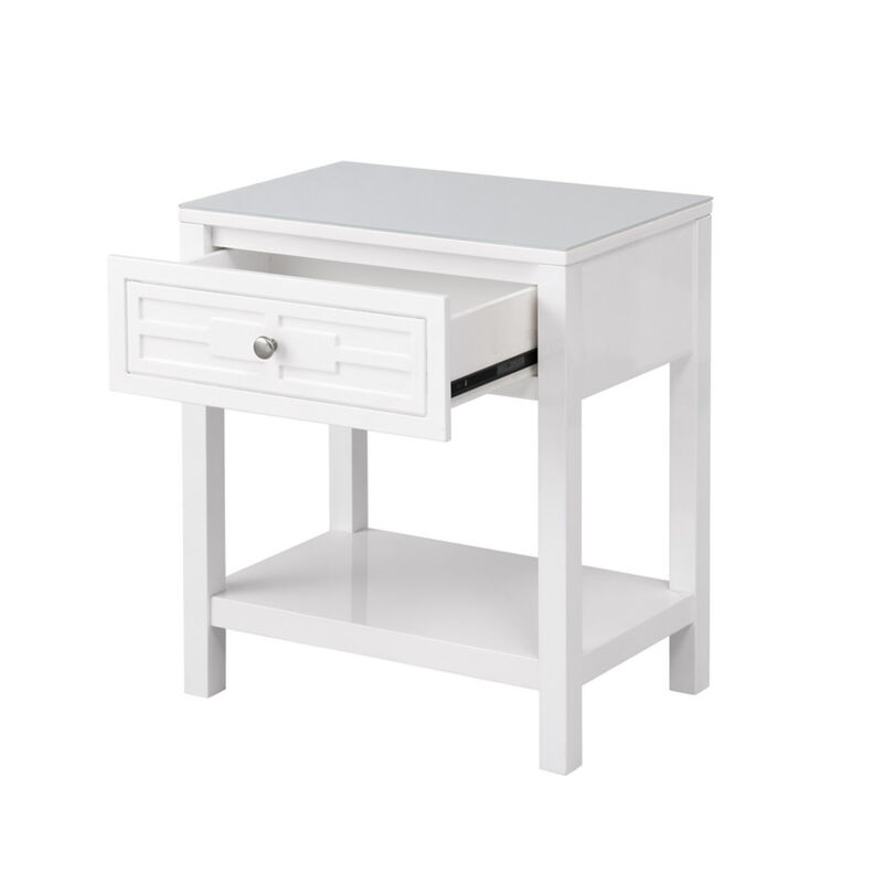 Dylan White Wooden End Side Table Nightstand with Glass Top and Drawer image number 3