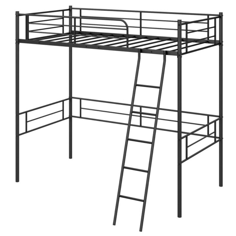 Hivvago Twin Size Loft Bed Metal Bed Frame with Ladder and Guardrails-Black