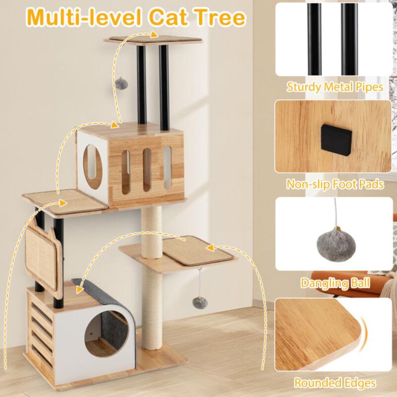 Hivvago Modern Tall Cat Tower with Double Condos with Dangling Balls and Sisal Carpets