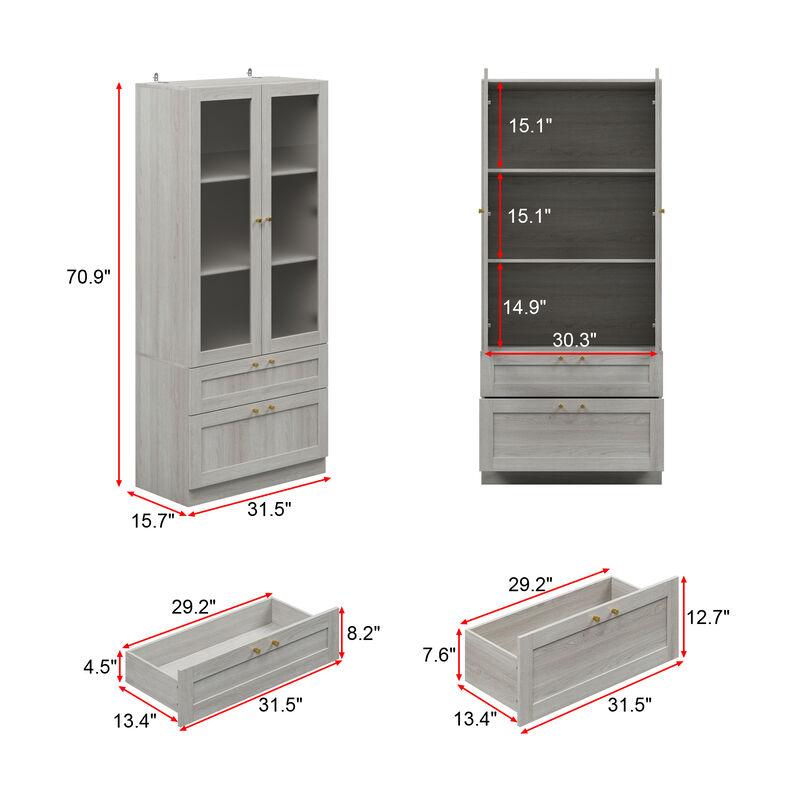 FUFU&GAGA Modern White Bookcase with Adjustable Shelves and Spacious Storage (31.5" W x 70.9" H x 15.7" D), Wood Grain Finish with Brass Pull Handles