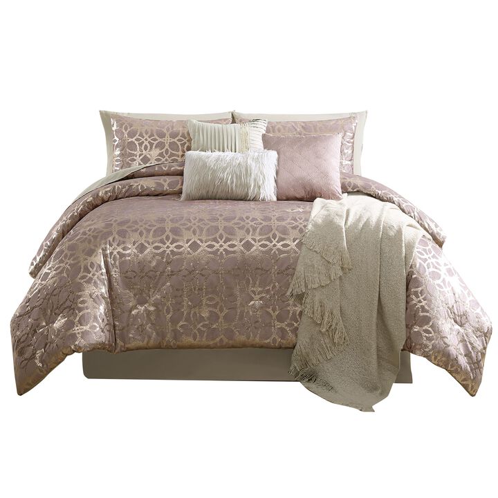 Eve 10 Piece King Size Poly Velvet Comforter Set, Foil Pattern, Blush Pink - Benzara
