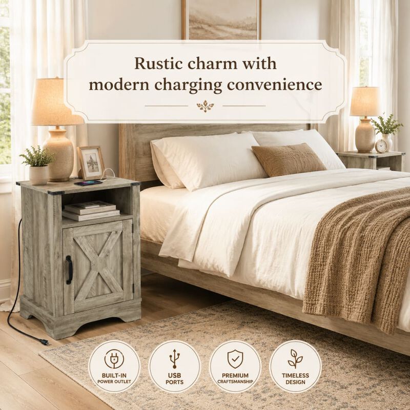 GOODSILO Farmhouse Nightstand with Charging Station, Storage Cabinet and Open Shelf, Compact Side Table for Bedroom Living Room image number 4