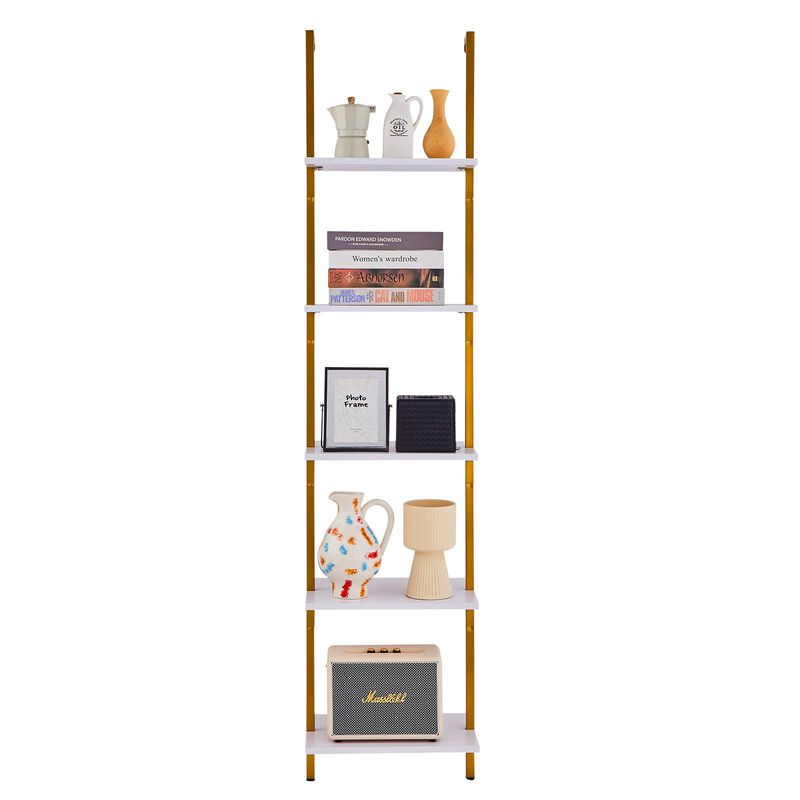 5 Tier Ladder Shelf, Wall Mounted Bookshelf with Metal Frame Storage Rack image number 4