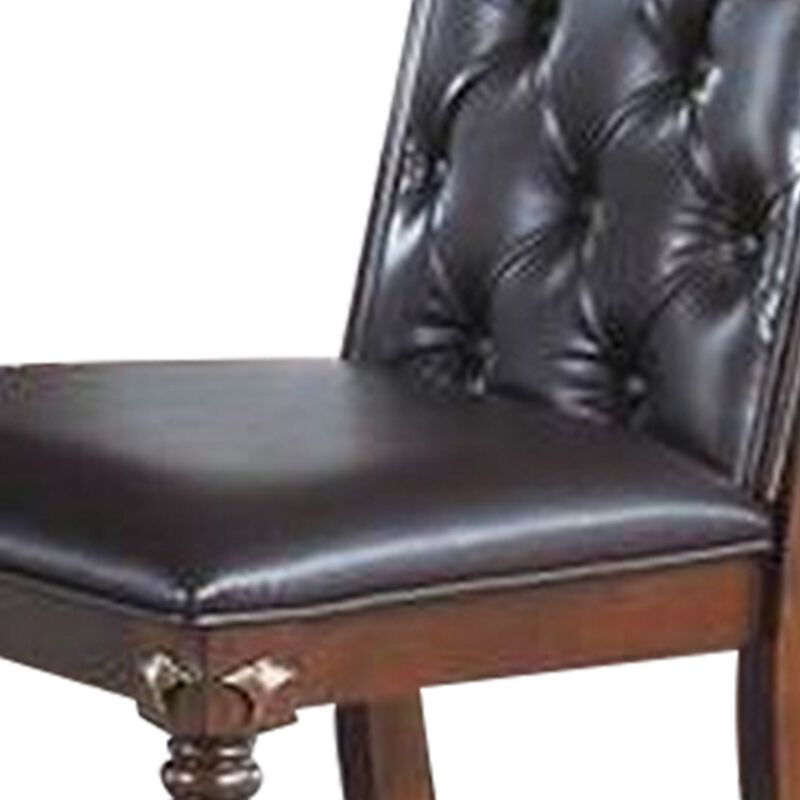 Kipp 25 Inch Set of 2 Armless Dining Chairs, Brown Wood, Black Faux Leather-Benzara