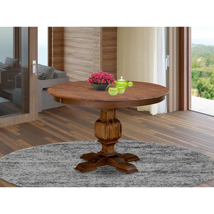East West Furniture FERRIS Round Dining Table with Pedestal, Rustic Rubberwood Table in Sandblasting Antique Walnut Finish, 48 Inch