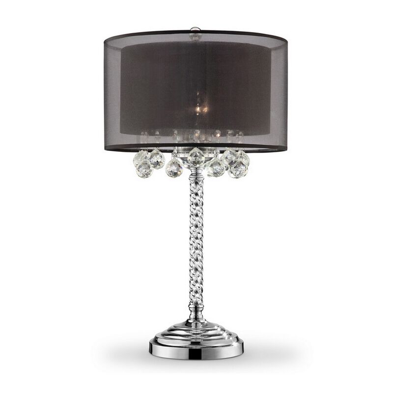 Twisted Crystal Body Table Lamp with Dual Fabric Shade, Clear and Black-Benzara image number 1
