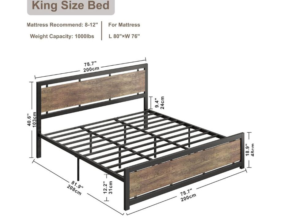 King Bed Frame With Headboard And Footboard, Metal Strong Supports, Easy Assembly, Noise-Free, No Box Spring Needed, Walnut