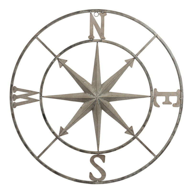 Round Metal Compass Wall D&eacute;cor, Distressed Silver Finish image number 2
