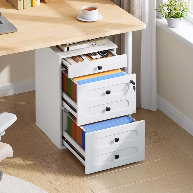 Farmhouse Rolling File Cabinet with Lock and 3 Storage Drawers-White image number 4