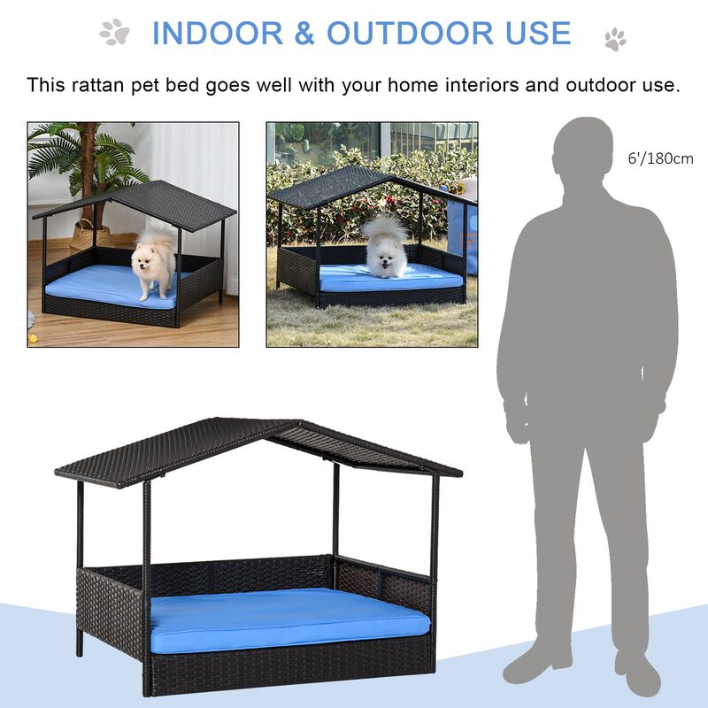 Wicker Dog House Elevated Raised Rattan Bed for Indoor/Outdoor with Removable Cushion Lounge, Blue