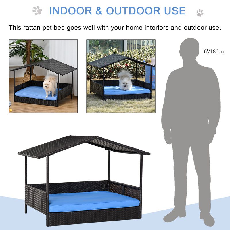 Blue Pet Lounger: Elevated Wicker Dog House with Removable Cushion