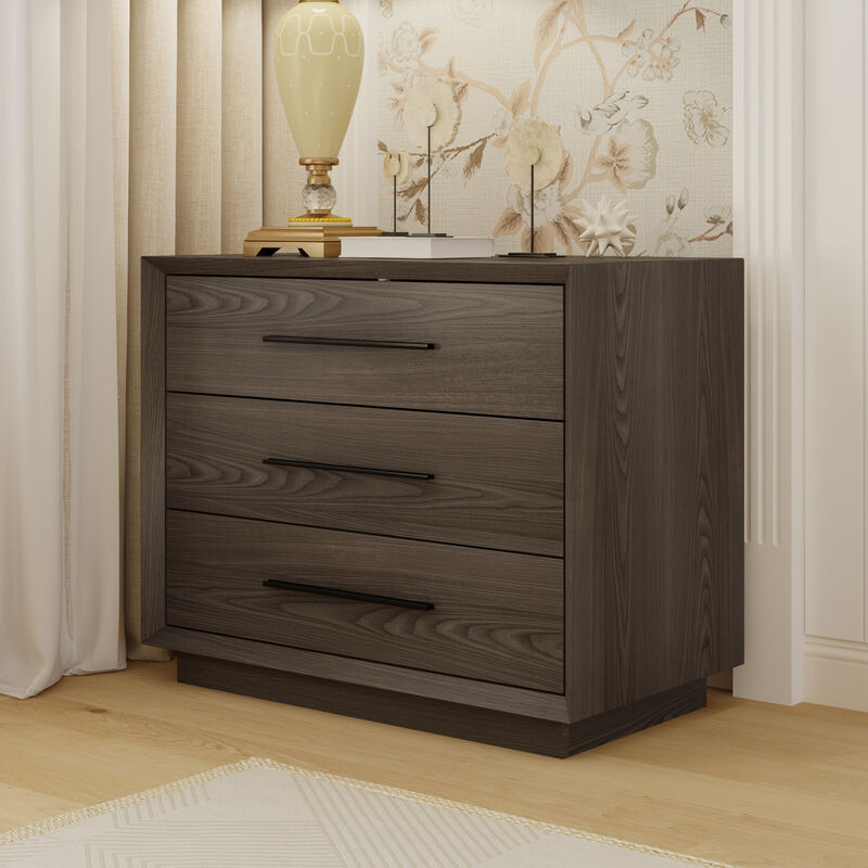 FUFU&GAGA 3-Drawer Nightstand with Black Metal Handles, Deep Brown Woodgrain Finish (31.5"W x 17.7"D x 23.6"H), Dark Brown