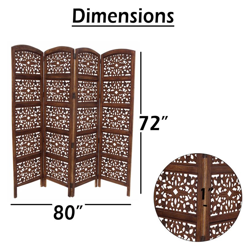 The Urban Port Handmade Foldable 4 Panel Wooden Partition Screen Room Divider, Brown image number 4