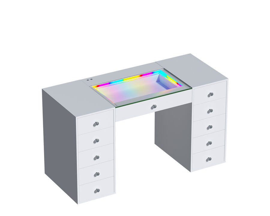 VANITII 11 Drawers Modern Makeup Vanity Desk  with RGB Lights for Bedroom White 3 packages (Need Assembled by yourself)