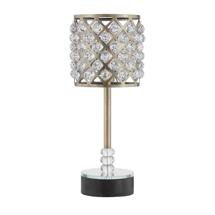 Dany 24 Inch Table Lamp with Crystal Drum Shade, Black Metal, Antique Brass-Benzara