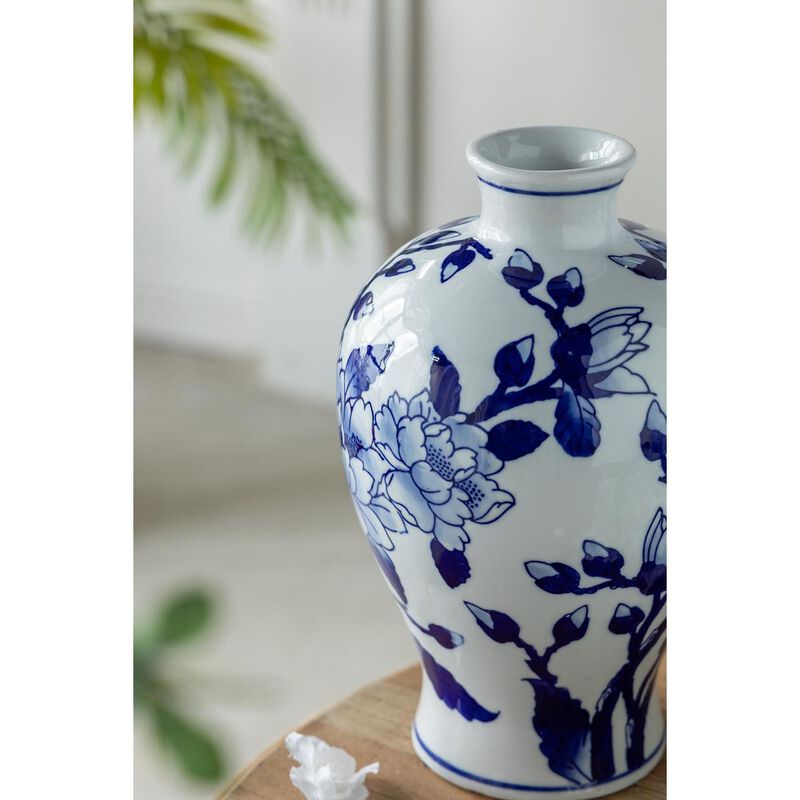 HomeRoots 10" Blue And White Floral Round Porcelain Table Vase image number 2