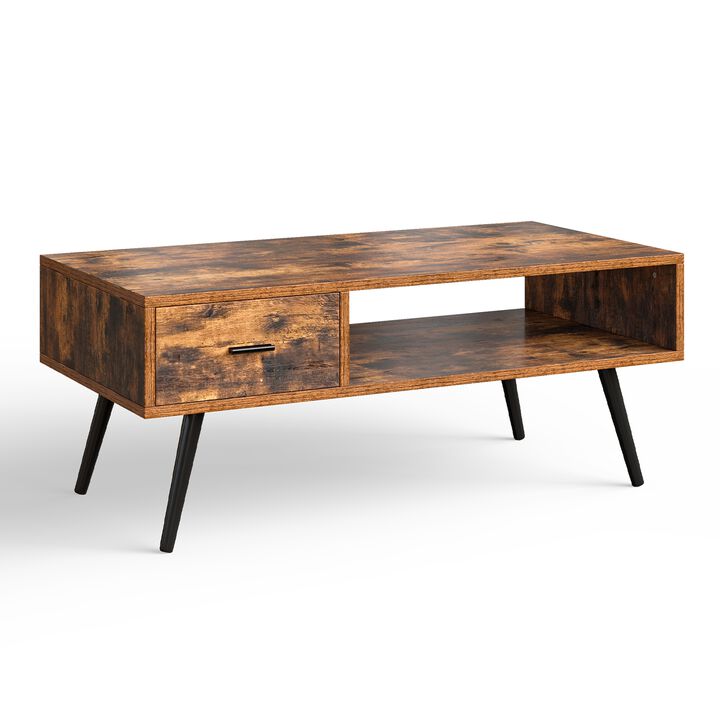 Retro Rectangular Coffee Table with Drawer and Storage Shelf-Rustic Brown