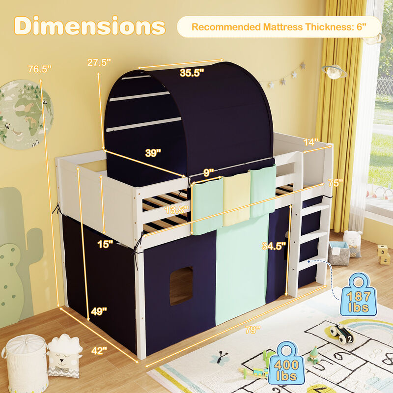 Loft Bed Playhouse Bed Frame with Tower Tent and 3 Storage Pockets