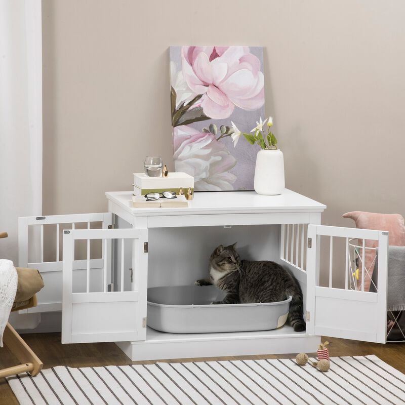 White Pet Haven: Wooden Dog Crate End Table with Triple Doors image number 1