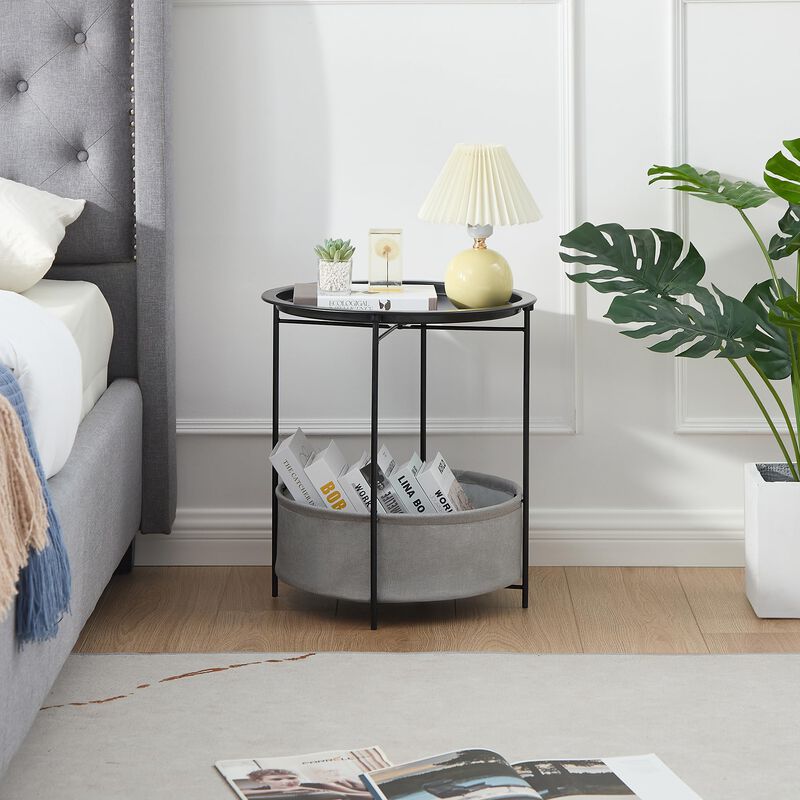 VECELO Round Side/End Table with Fabric Storage Basket