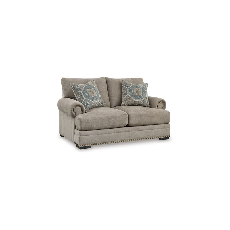 Golo Loveseat, 72 Inch, 2 Accent Pillows, Gray Fabric, Nailhead Trim