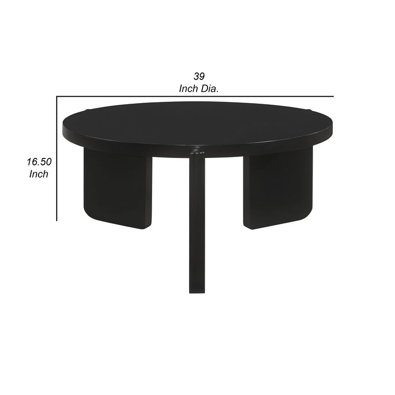 Kiya Coffee Table, 39 Inch Round Top, Black Solid Wood Frame, Panel Legs