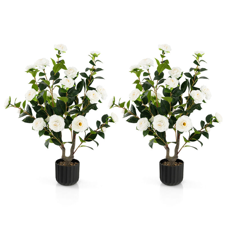 38 Inch Artificial Camellia Tree Faux Flower Plant in Cement Pot 2 Pack