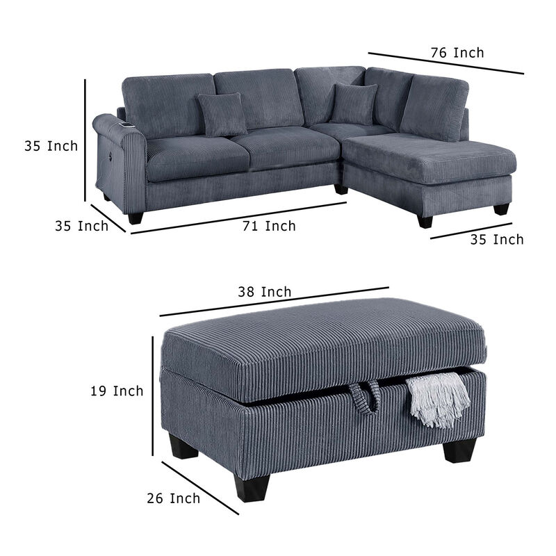 Roe 3pc Sectional Sofa Set with Chaise, Ottoman, 2 Pillows, Dark Gray - Benzara