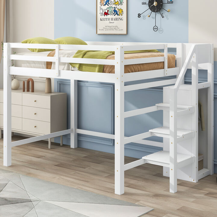 Whisen Wood Full Size Loft Bed with Built-in Storage Wardrobe and Staircase - Gray