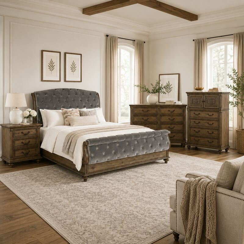 Queen Bedroom Set, Gray, Brown Wood, 4 Piece Set with Nightstand, Dresser, and Chest image number 8
