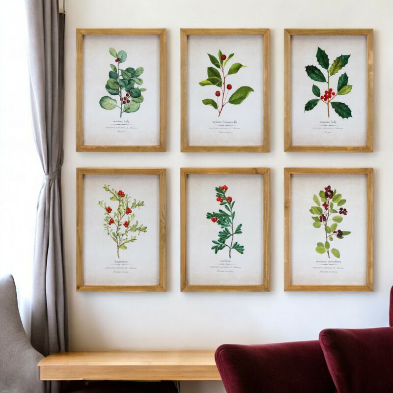 Winter Foliage Framed Set of 6 &ndash; Paper, Wood, and Glass Wall Art for Holiday, Seasonal, and Rustic Decor image number 1
